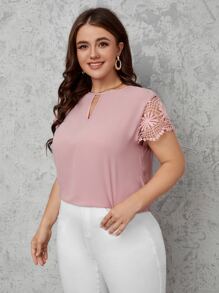 SHEIN Clasi Top de manga con encaje de cuello con abertura de ojal - Rosa vieja - Ver 4