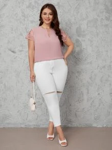 SHEIN Clasi Top de manga con encaje de cuello con abertura de ojal - Rosa vieja - Ver 5