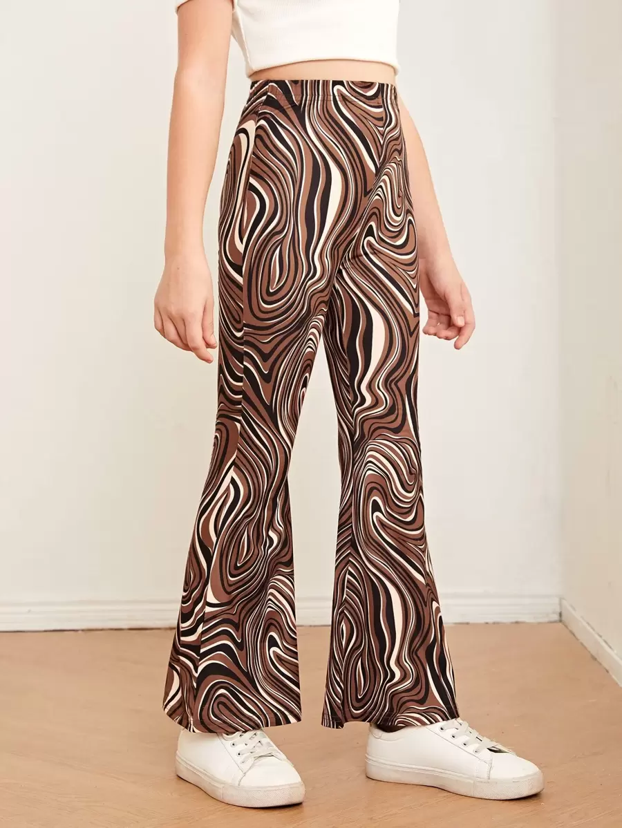 SHEIN Girls Allover Print Flare Leg Trousers - Multicolor - View 1