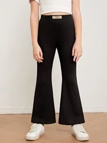 SHEIN Girls Solid High Waist Flare Leg Trousers - Black - View 4