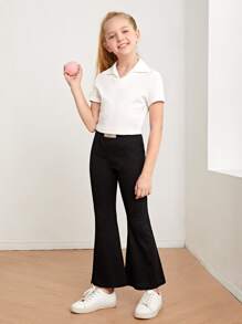 SHEIN Girls Solid High Waist Flare Leg Trousers - Black - View 5