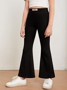 SHEIN Girls Solid High Waist Flare Leg Trousers - Black - View 2