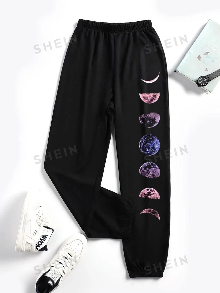 Flirla Pantalones deportivos informales de talla grande para mujeres con estampado de galaxia y luna, cintura media con cordón - Negro - Ver 1