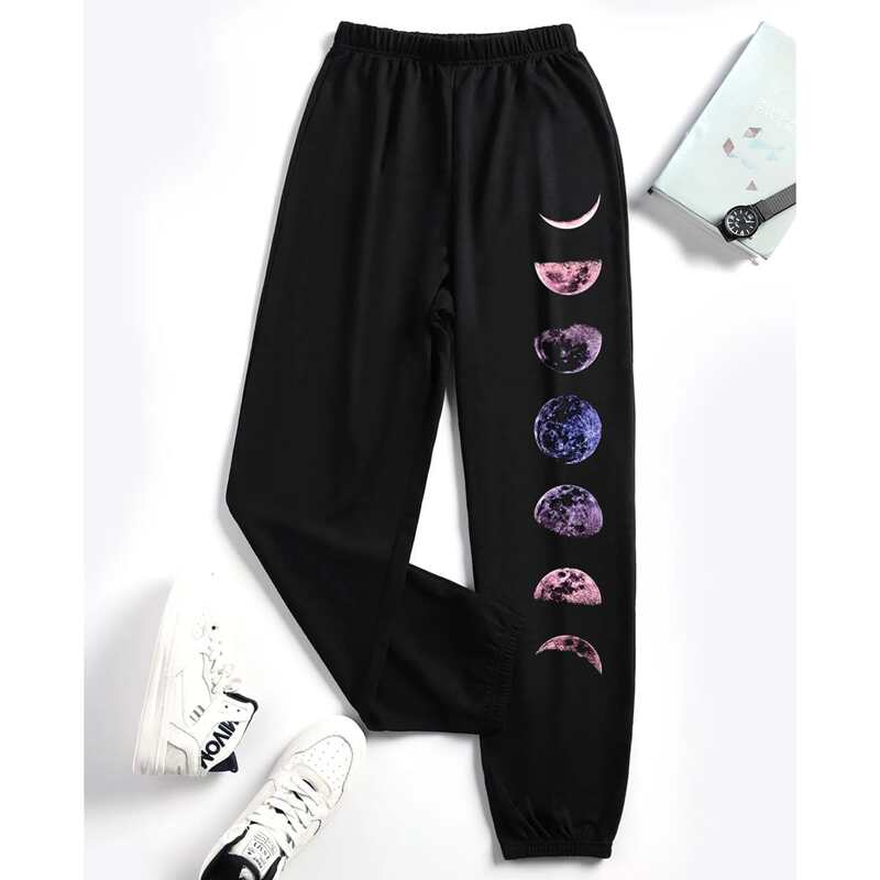 

Moon Print Elastic Waist Sweatpants, Black