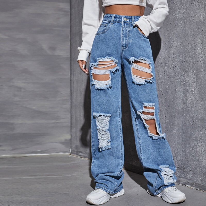 

High Waist Ripped Wide Leg Jeans, Medium wash