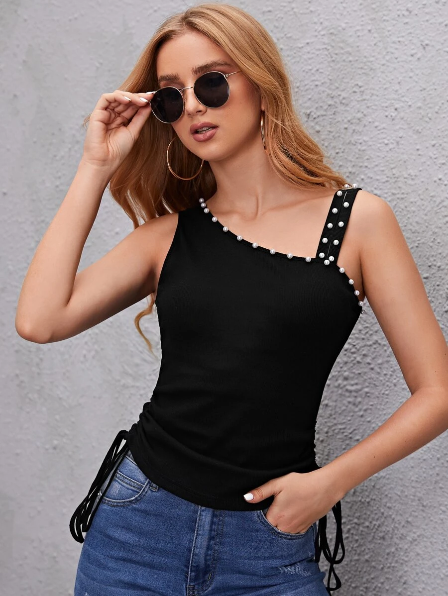 SHEIN Privé Áo hai dây cườm đính Ngọc trai màu trơn Giải trí - màu đen - Xem 1