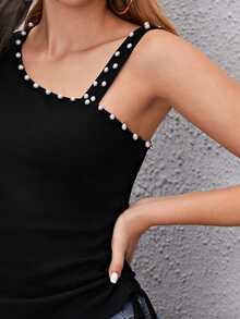 SHEIN Privé Áo hai dây cườm đính Ngọc trai màu trơn Giải trí - màu đen - Xem 3