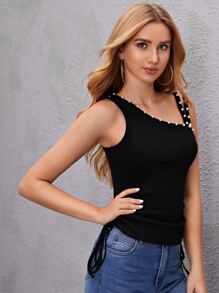 SHEIN Privé Áo hai dây cườm đính Ngọc trai màu trơn Giải trí - màu đen - Xem 4