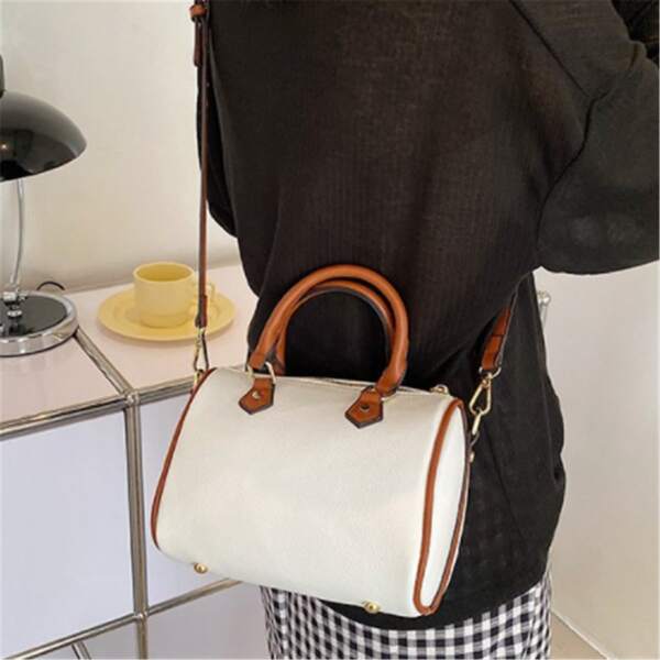 

Litchi Embossed Trim Boston Bag, Beige