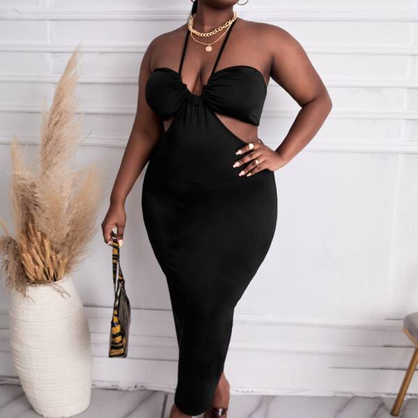 

Plus Backless Cut Out Split Back Halter Dress, Black