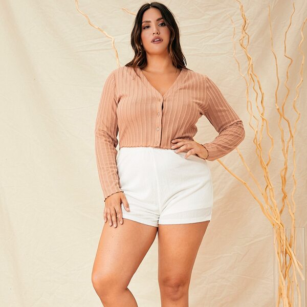 

Plus Ribbed Knit Button Front Top, Apricot