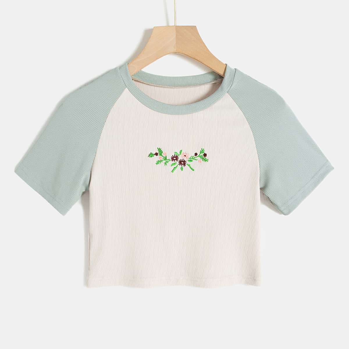 

Floral Embroidery Rib-Knit Crop Tee, Beige