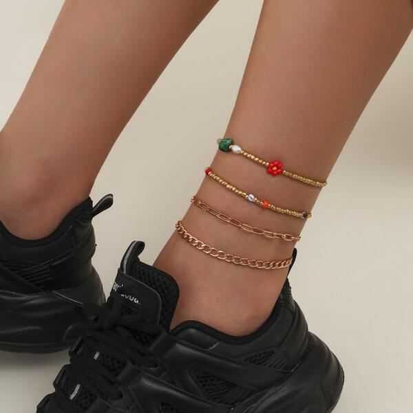 

4pcs Bead Decor Anklet, Gold