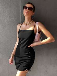 GENKIRA Đầm Lộ Lưng Dây kéo màu trơn Gợi cảm - màu đen - Xem 1