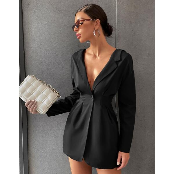 

Knot V-back Single Button Blazer Dress, Black