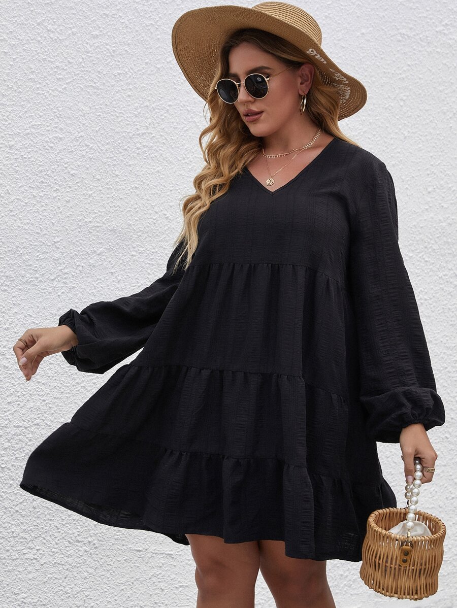 Plus Lantern Sleeve Ruffle Hem Smock Dress - Black - View 1