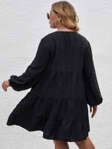 Plus Lantern Sleeve Ruffle Hem Smock Dress - Black - View 2