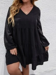 Plus Lantern Sleeve Ruffle Hem Smock Dress - Black - View 3