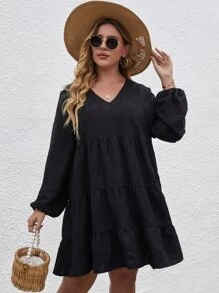 Plus Lantern Sleeve Ruffle Hem Smock Dress - Black - View 4