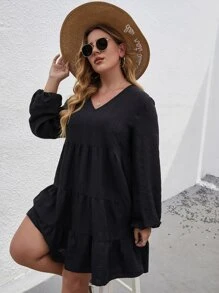 Plus Lantern Sleeve Ruffle Hem Smock Dress - Black - View 5