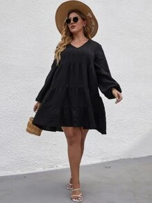 Plus Lantern Sleeve Ruffle Hem Smock Dress - Black - View 6