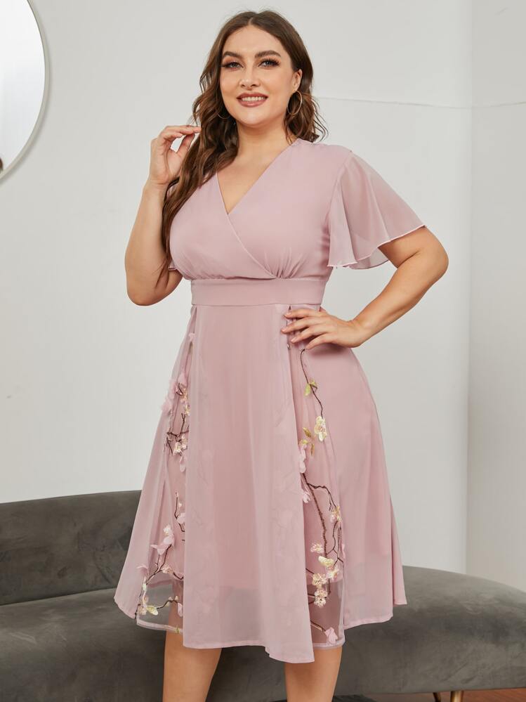 DreamSkyne Plus Chiffon Plants Embroidered Appliques Midi Dress, Elegant Women Dress - Pink - View 3
