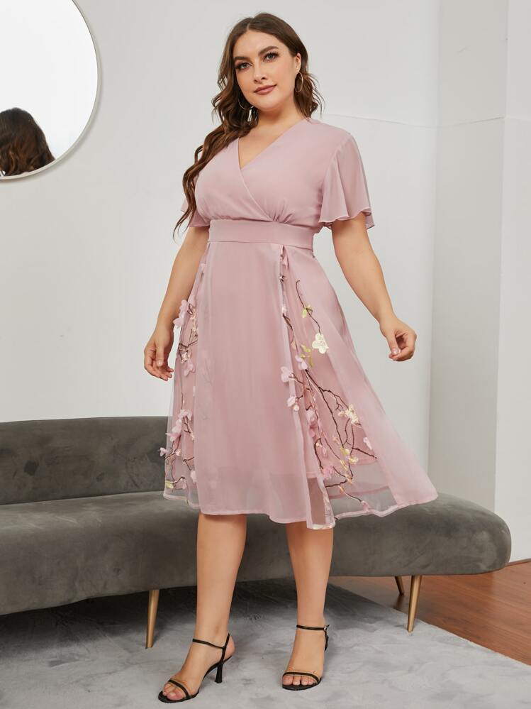DreamSkyne Plus Chiffon Plants Embroidered Appliques Midi Dress, Elegant Women Dress - Pink - View 4