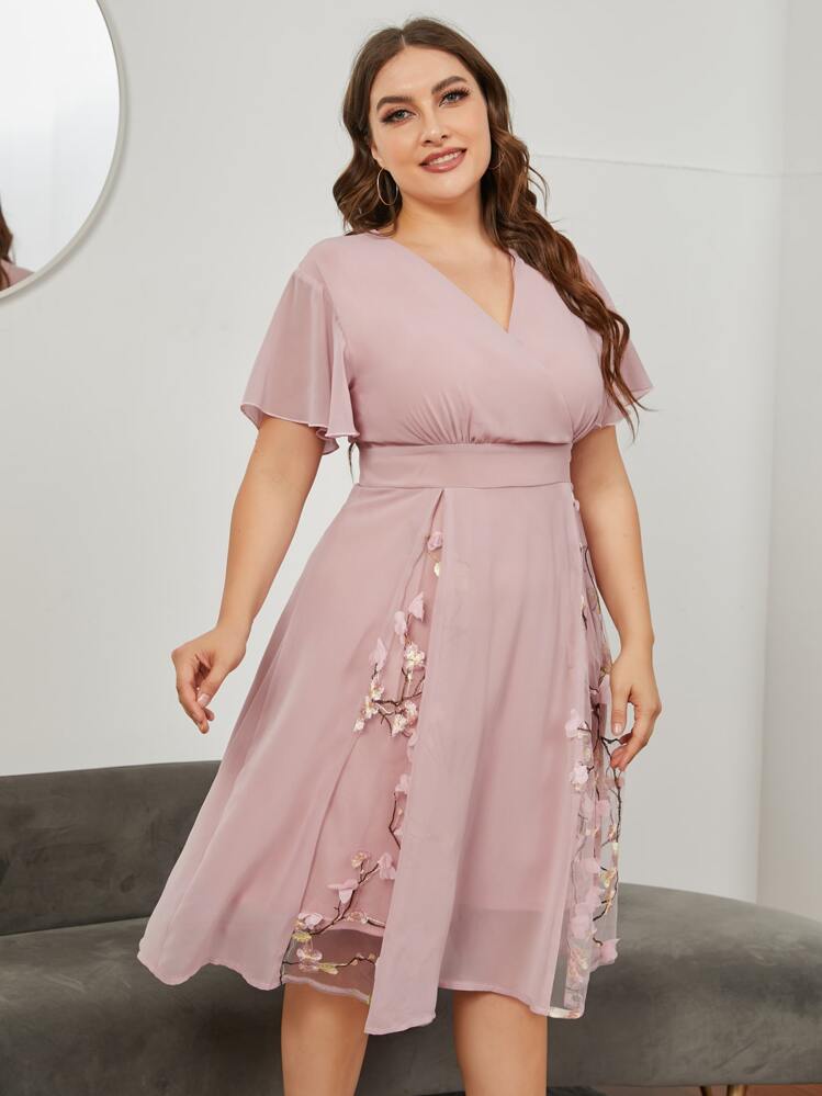 DreamSkyne Plus Chiffon Plants Embroidered Appliques Midi Dress, Elegant Women Dress - Pink - View 5