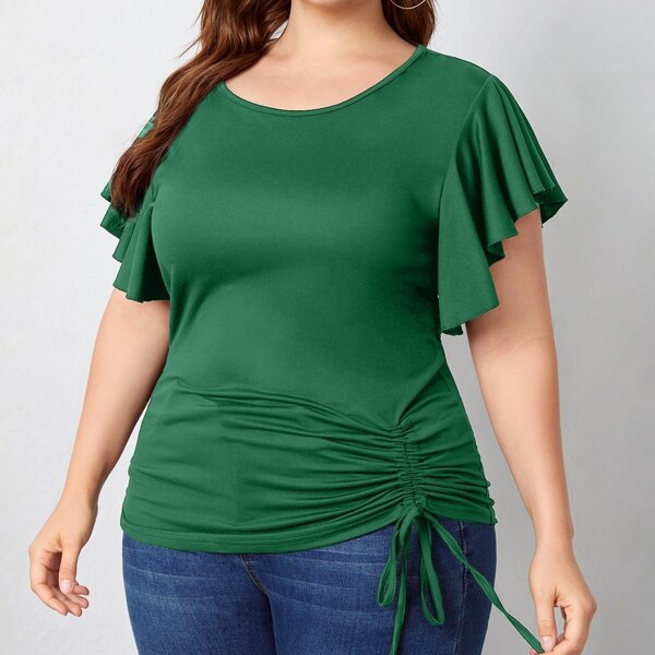 

Plus Butterfly Sleeve Drawstring Hem Tee, Dark green