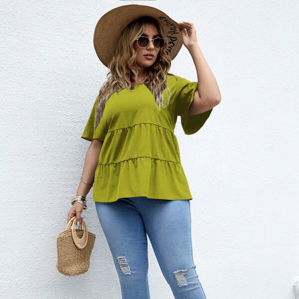 

Plus Flounce Sleeve Ruffle Hem Blouse, Lime green