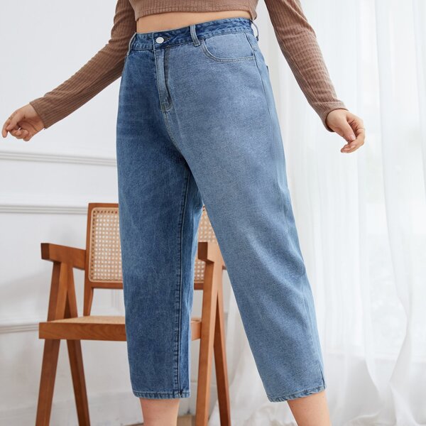 

Plus High Waist Two Tone Mom Jeans, Medium wash