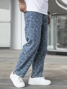 Men Paisley Print Loose Fit Jeans - Medium Wash - View 1
