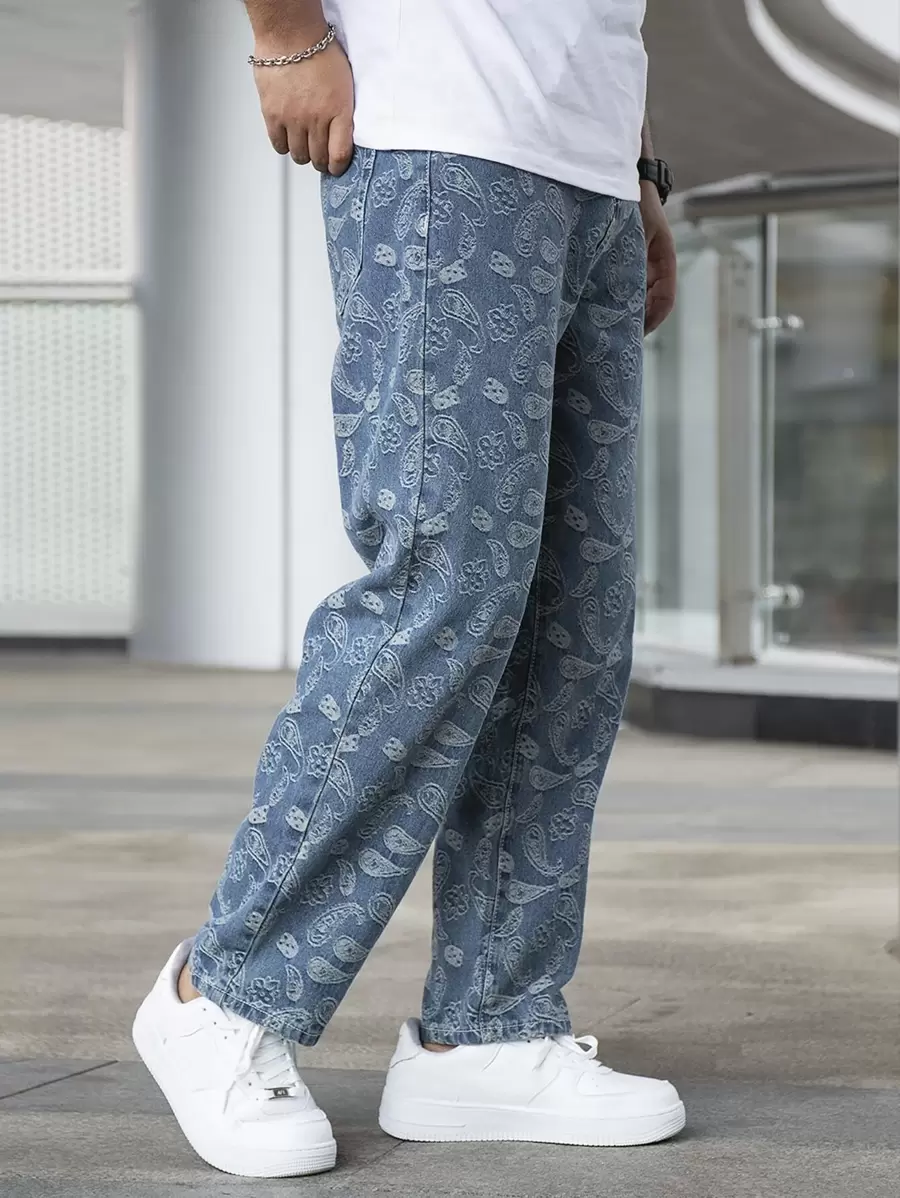 Men Paisley Print Loose Fit Jeans - Medium Wash - View 1