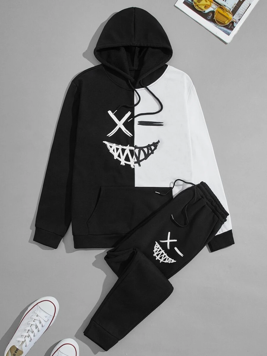 Manfinity Roghcode Men Two Tone Cartoon Face Print Drawstring Hoodie & Joggers - Black and White - View 1