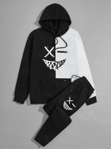 Manfinity Roghcode Men Two Tone Cartoon Face Print Drawstring Hoodie & Joggers - Black and White - View 5