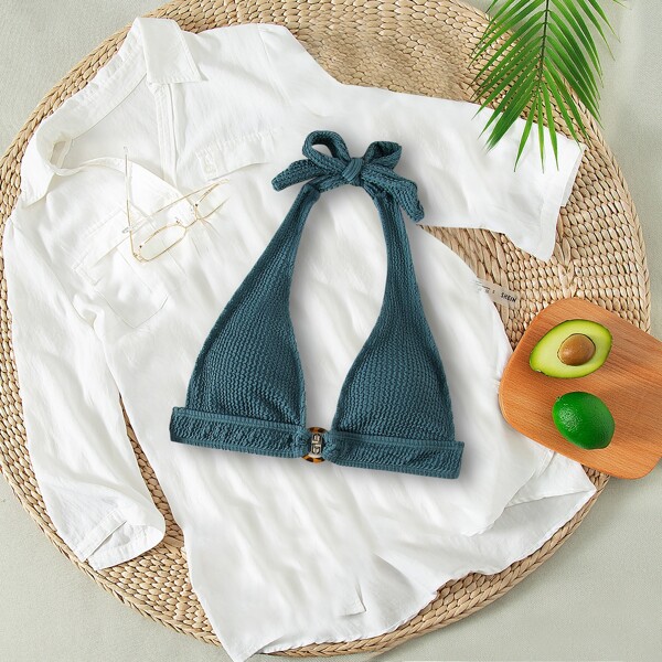 

Textured Ring Linked Halter Bikini Top, Dusty blue