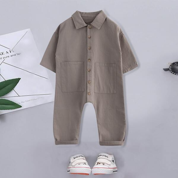 

Toddler Boys Button Up Dual Pockets Shirt Jumpsuit, Grey