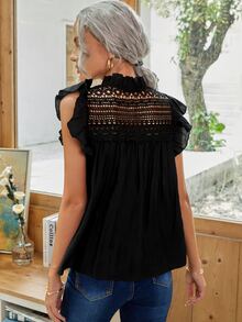 Notched Neck Ruffle Trim Blouse - Black - View 2