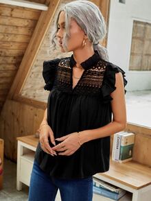 Notched Neck Ruffle Trim Blouse - Black - View 3