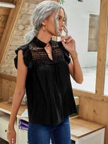 Notched Neck Ruffle Trim Blouse - Black - View 5