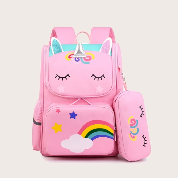 

3pcs Girls Metallic Cartoon Unicorn Backpack Set, Pink