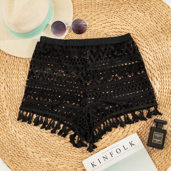 

Tassel Trim Cover Up Shorts, Black