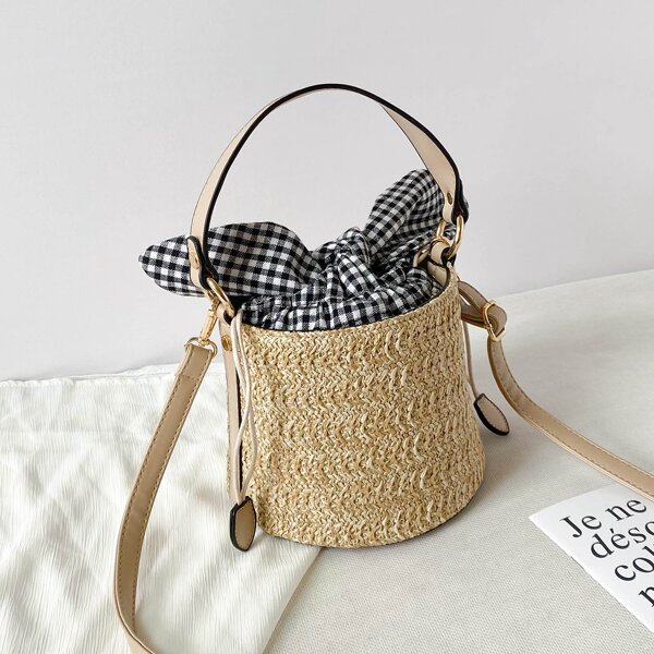 

Plaid Bow Decor Bucket Bag, Khaki