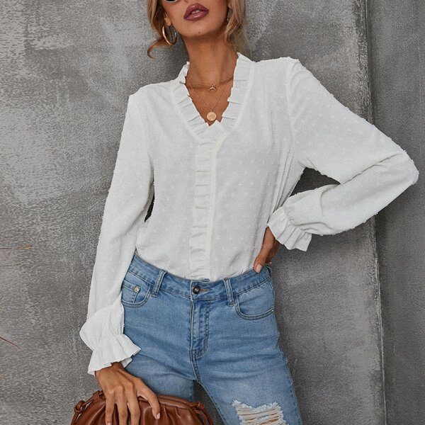 

Flounce Sleeve Frill Trim Swiss Dot Blouse, White