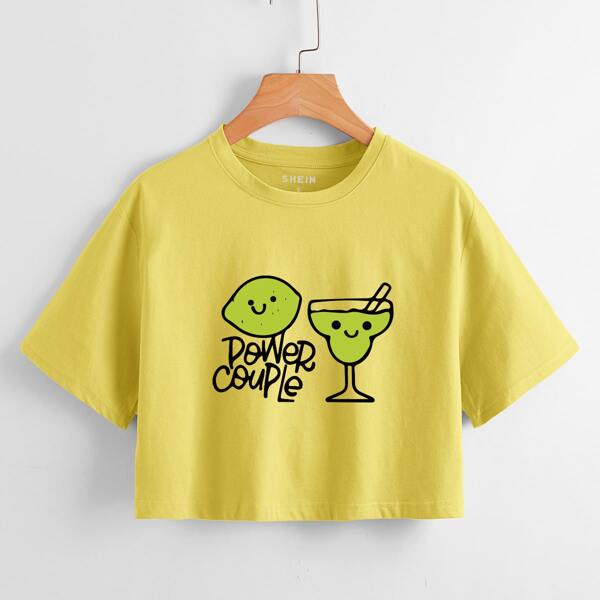 

Letter & Cartoon Graphic Crop Tee, Yellow