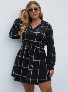 SHEIN LUNE Plus Grid Print Button Front Belted Shirt Dress - Black - View 3