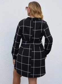 SHEIN LUNE Plus Grid Print Button Front Belted Shirt Dress - Black - View 2