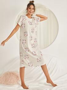 卡通兔子圖案睡裙 - 米色 - 查看 1