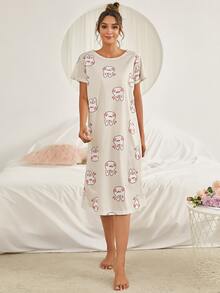 卡通兔子圖案睡裙 - 米色 - 查看 3