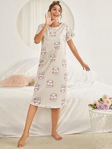 卡通兔子圖案睡裙 - 米色 - 查看 6